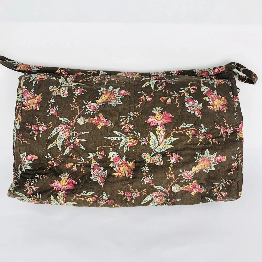 Garnet Hill 3-pc Quilted Toiletry Cosmetic Tote Purse Bag Brown Floral Set